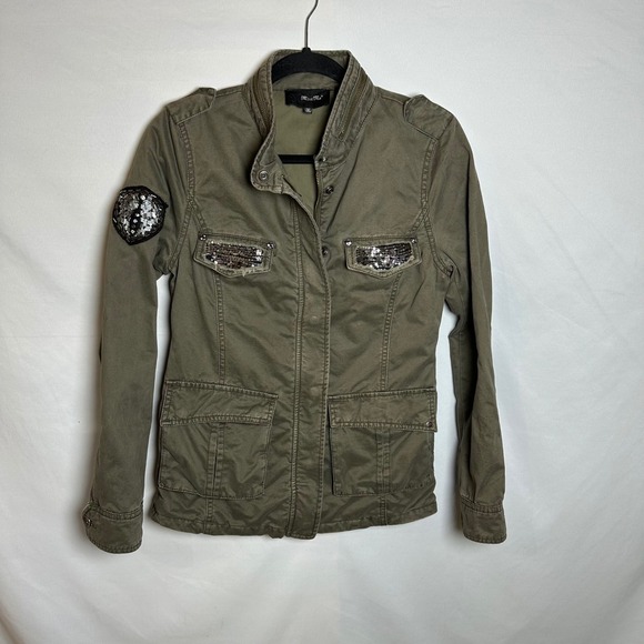 Miss Me Olive Green Military Jacket Sequin Embellished Moto Utility Coat - Picture 1 of 13